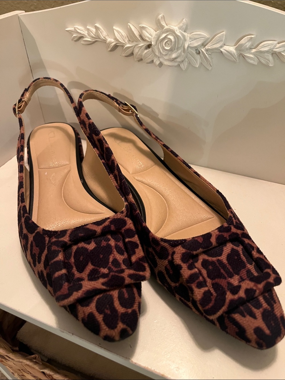 Leopard Print Slingback Pointed Toe Flats - Brown